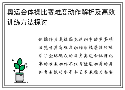奥运会体操比赛难度动作解析及高效训练方法探讨