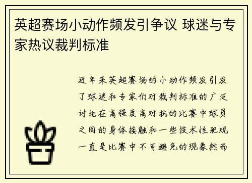 英超赛场小动作频发引争议 球迷与专家热议裁判标准 英超赛场小动作频发引争议 球迷与专家热议裁判标准